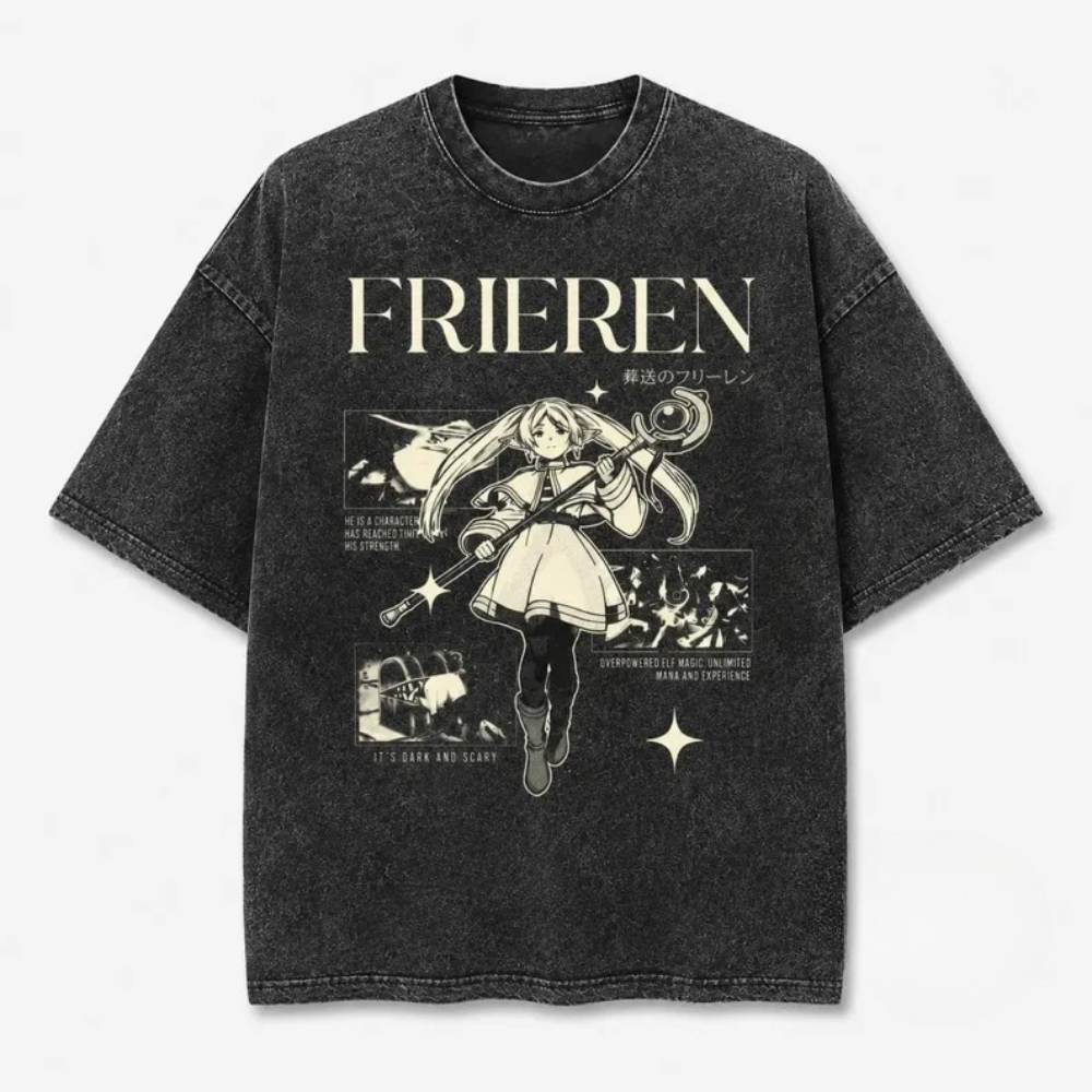 Acid Wash Vintage Graphic T Shirt - ヴィンテージ風「フリーレン」アニメグッズ、アシッドウォッシュ加工のオーバーサイズTシャツ、レトロなデザイン、ユニセックス、コットン素材、グラフィックプリント、メンズ・レディース、カジュアルなストリートウェア。