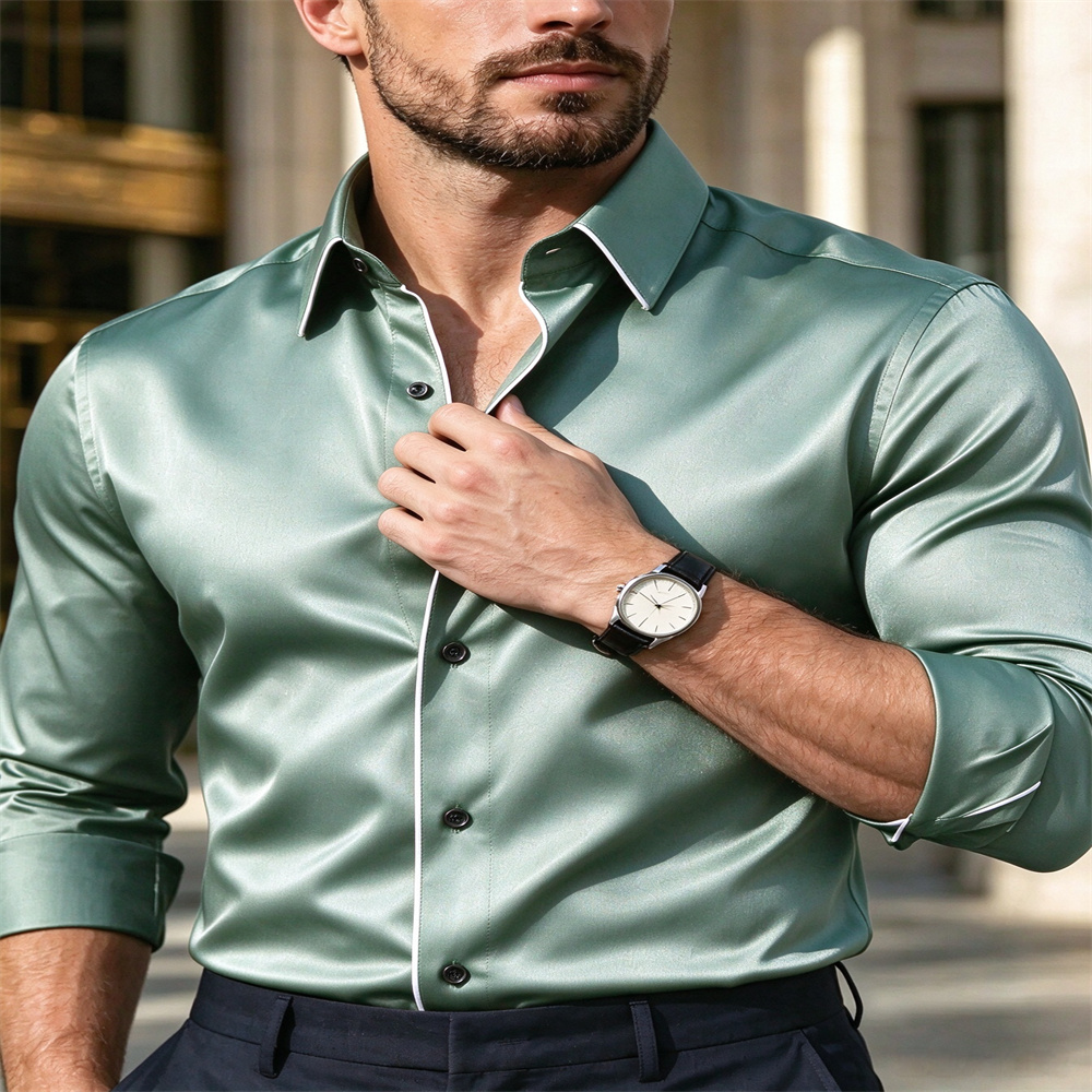 Mens Satin Silk Dress Shirt - メンズ スリムフィット サテン 長袖シャツ、ホワイトトリムカラー フォーマル ビジネスドレスシャツ