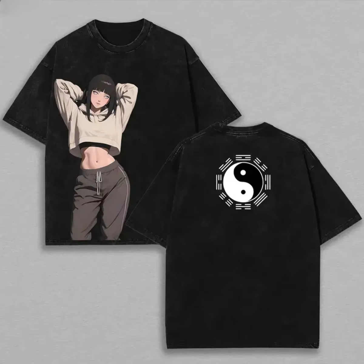 Acid Wash Vintage Graphic T Shirt - 日向ヒナタ Tシャツ ナルト メンズ アシッドウォッシュ バックプリント