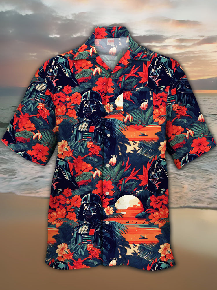 Vintage Hawaiian Floral Shirt - トロピカルフローラルとシフォームサムライプリントハワイアンTシャツ、スイベルダウンカラー、半袖、カジュアルファッション、ukiyo-e、2024