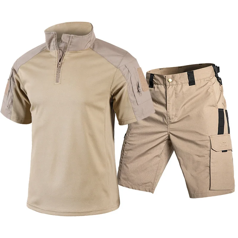 Tactical Military Shirt Cargo - タフな男性向けのタクティカル半袖Tシャツとカーゴショーツのセット。夏に最適で、通気性に優れ、アウトドアでのハイキング、狩猟、キャンプに適した軽量素材。