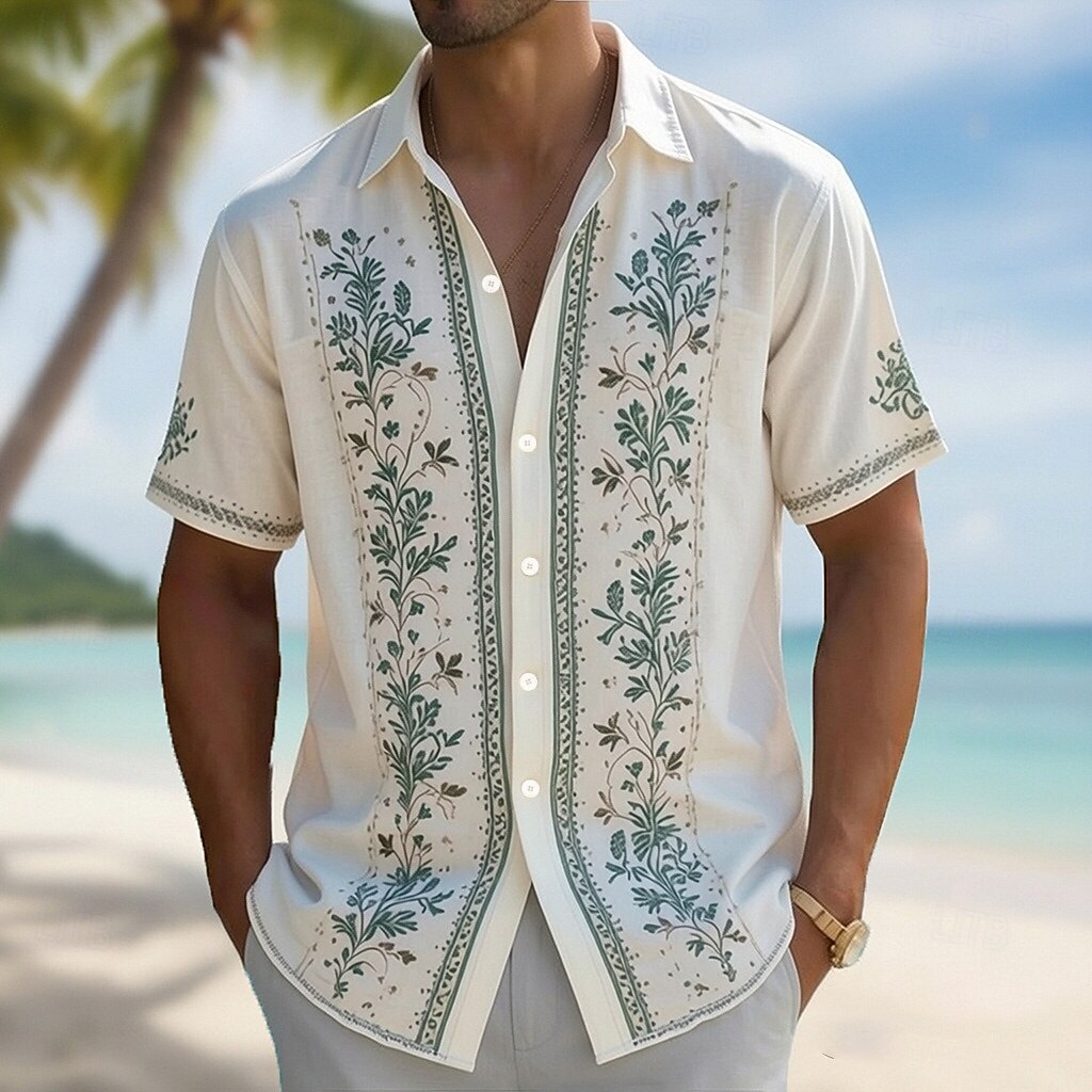 Vintage Hawaiian Floral Shirt - メンズ ターンダウンカラー 3Dプリント ハワイアンシャツ、トロピカルフラワー柄 グアヤベラ ボタンアップ