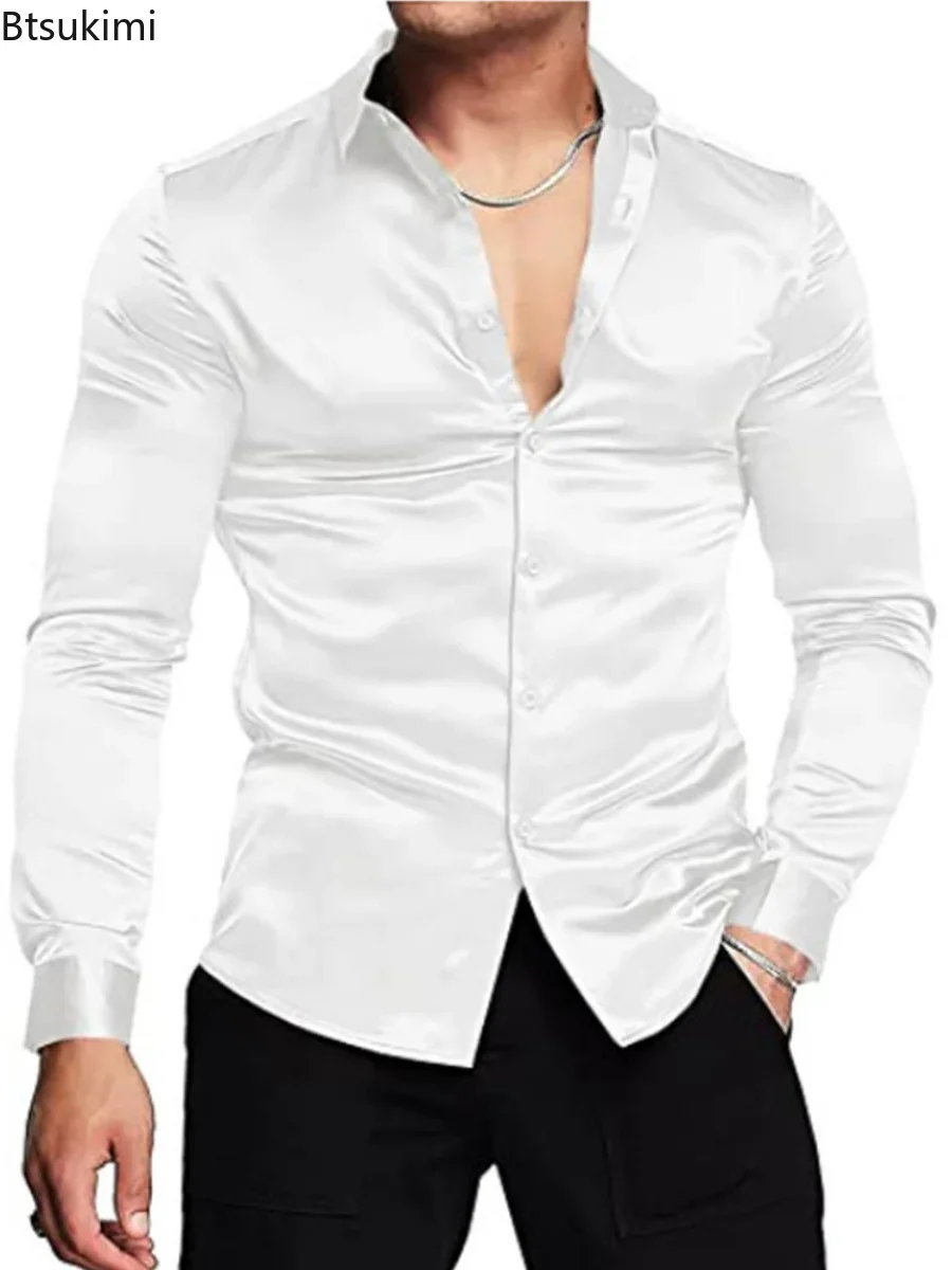 Mens Satin Silk Dress Shirt - 新しい 2026 メンズ豪華な光沢のあるシルクサテンドレスシャツ長袖カジュアルスリムマッスルボタンダウンシャツ男性プラスサイズ S-3XL