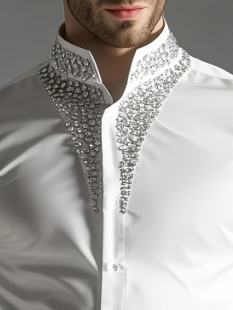 メンズ高級ラインストーンシャツ、マンダリンカラー、クリスタル - Mandarin Collar Formal Shirt Slim Fit のレビューと価格