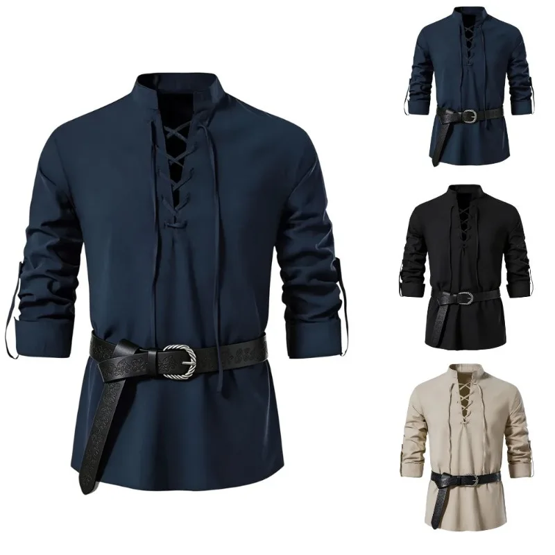 男性用、中世風バイキングシャツ、スタンドカラー、レースアップ - Medieval Gothic Lace Up Pirate Shirt のレビューと価格