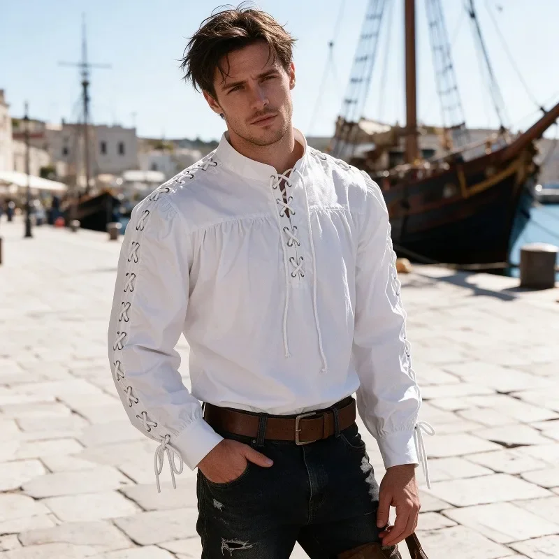 男性用 中世風 海賊シャツ 長袖 レースアップ ルネサンス風 - Medieval Gothic Lace Up Pirate Shirt のレビューと価格