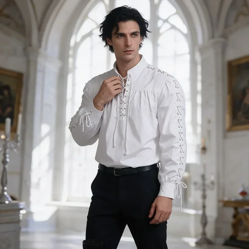 男性用 中世風 海賊シャツ 長袖 レースアップ ルネサンス風 - Medieval Gothic Lace Up Pirate Shirt のレビューと価格