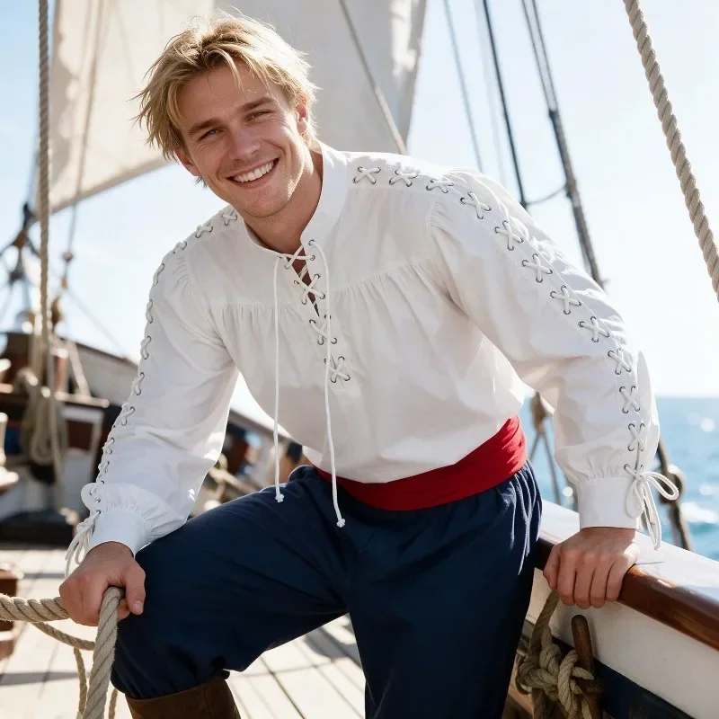 男性用 中世風 海賊シャツ 長袖 レースアップ ルネサンス風 - Medieval Gothic Lace Up Pirate Shirt のレビューと価格