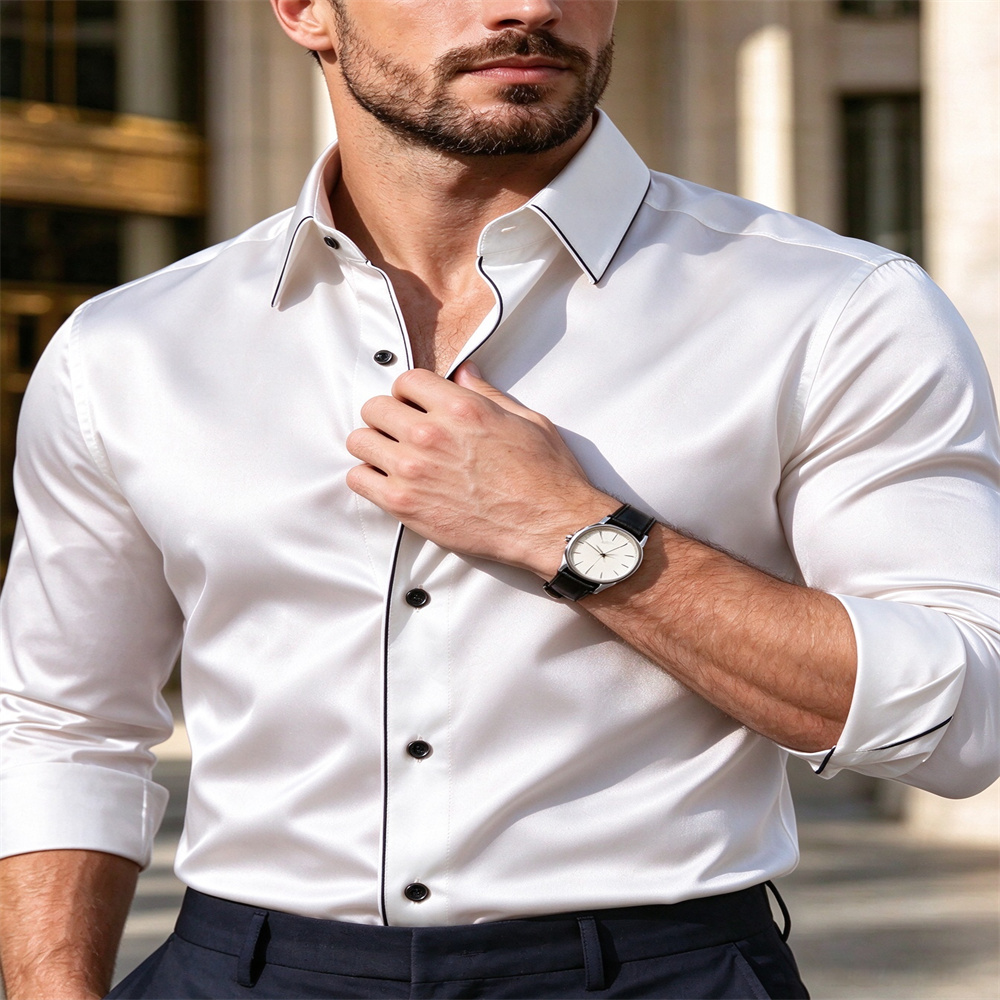 メンズ スリムフィット サテン 長袖シャツ、ホワイトトリムカ - Mens Satin Silk Dress Shirt のレビューと価格