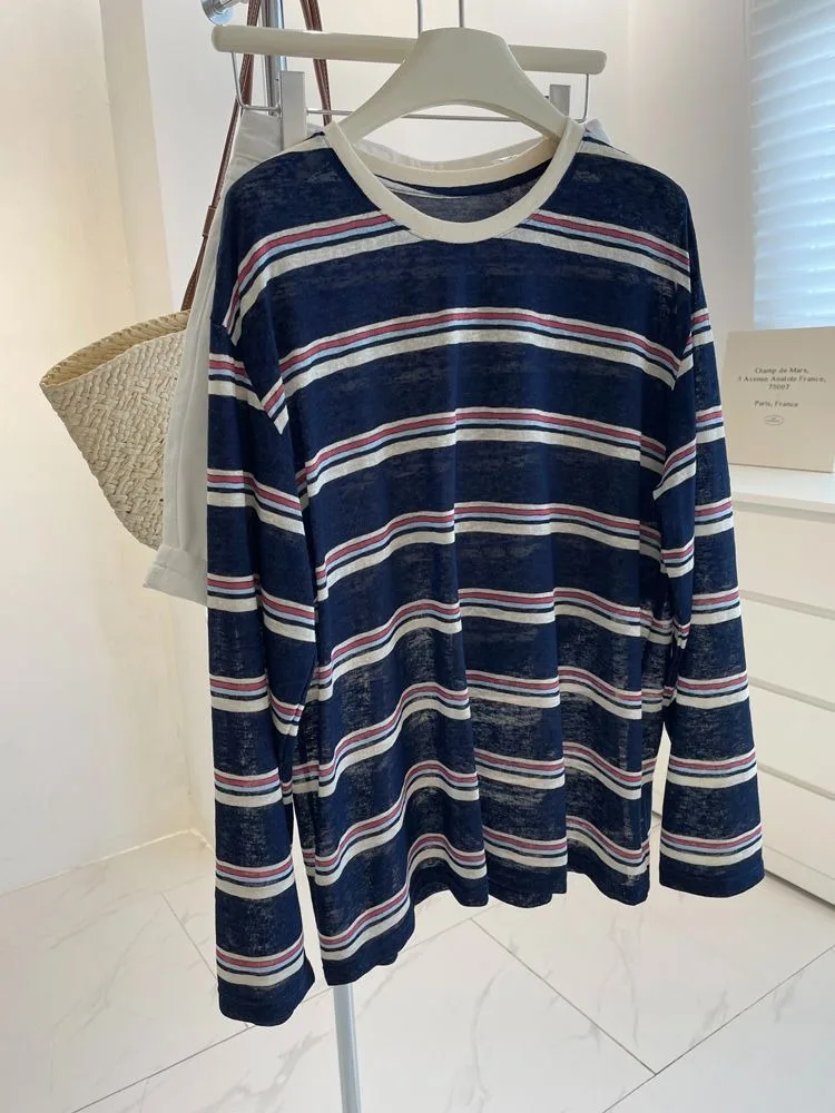 女性用、ミニマルなデザインの青と白のストライプ柄、長袖トップ - T-Shirts のレビューと価格