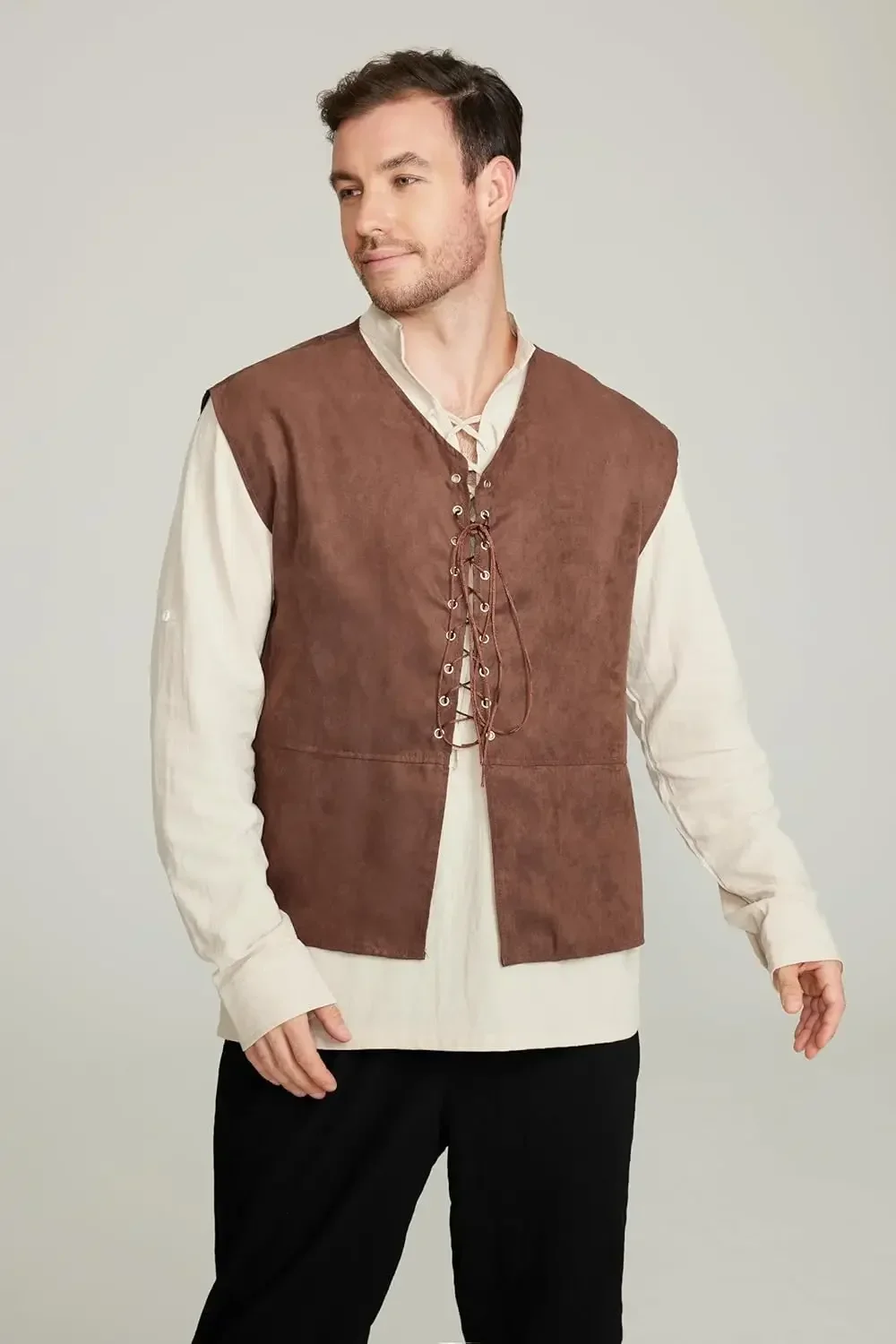 2ピースセット メンズ中世海賊ベスト 長袖シャツ 中世ルネサ - Medieval Gothic Lace Up Pirate Shirt のレビューと価格