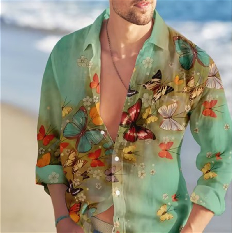 男性用バタフライハワイアンシャツ,花柄,長袖,カジュアルビー - Vintage Hawaiian Floral Shirt のレビューと価格