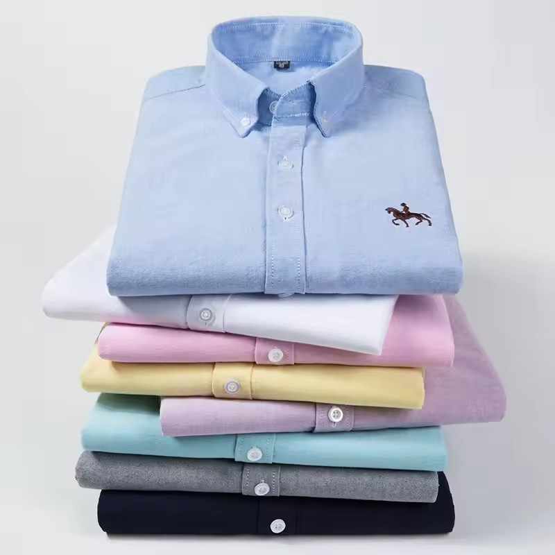 綿100％、メンズ・オックスフォードシャツ、長袖、馬の刺繍入 - Oxford Cotton Casual Shirt Business のレビューと価格